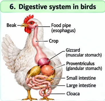 Digestive system of a hen with beak, food pipe, crop, gizzard, proventriculus, small and large intestine and cloaca