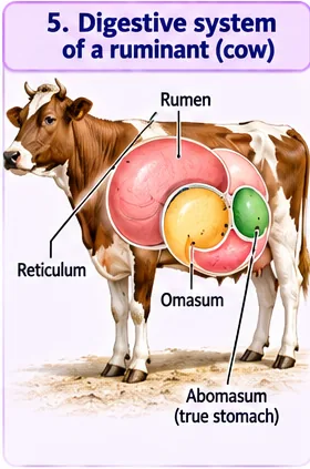 A cow with its four-chambered stomach labelled rumen, reticulum, omasum and abomasum
