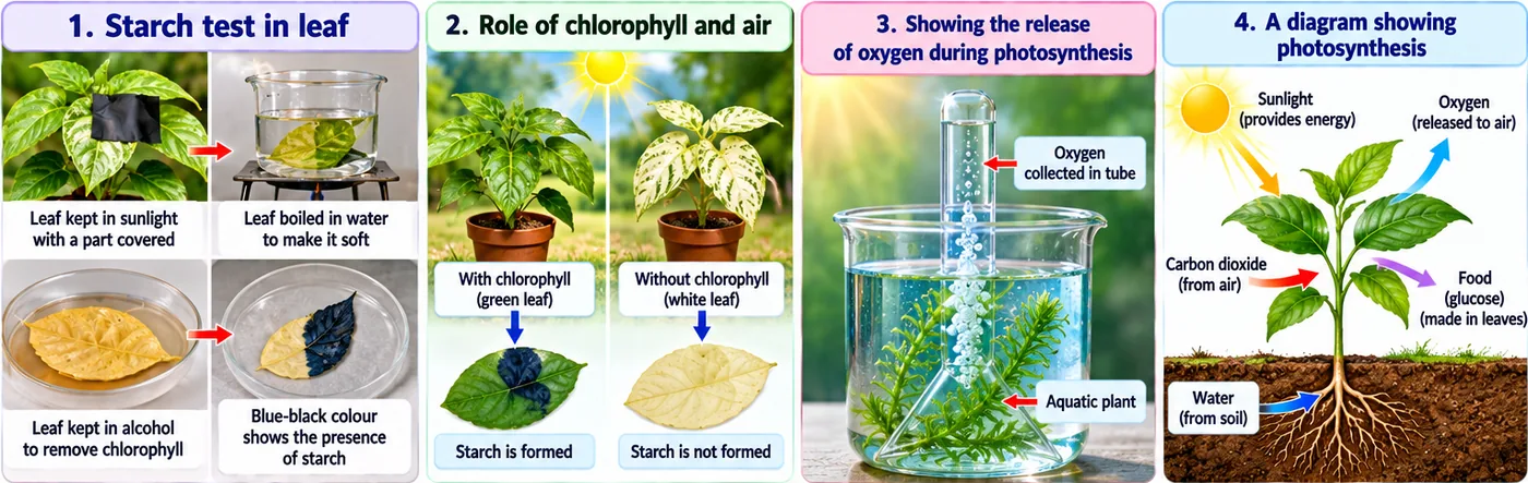Starch test on a leaf partly covered with black paper, variegated leaf showing starch only in green parts, oxygen bubbles collected from an aquatic plant, and a diagram of photosynthesis