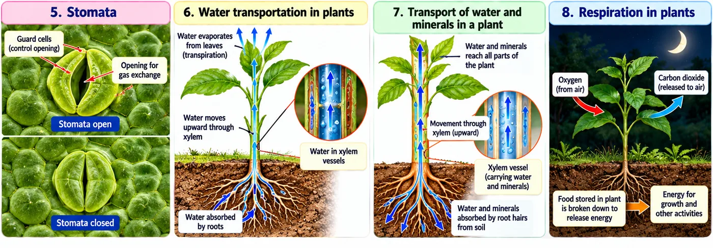 Open and closed stomata with guard cells, water rising through xylem and evaporating from leaves, water and minerals absorbed by root hairs, and respiration in a plant at night