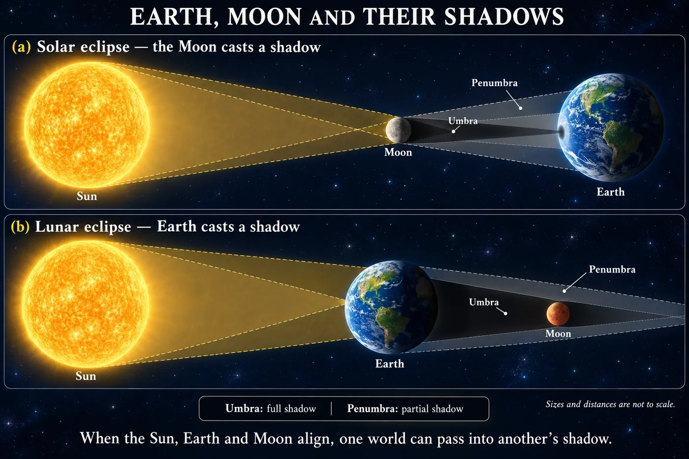 Diagrams of a solar eclipse with the Moon’s shadow on Earth and a lunar eclipse with Earth’s shadow on the Moon, showing umbra and penumbra