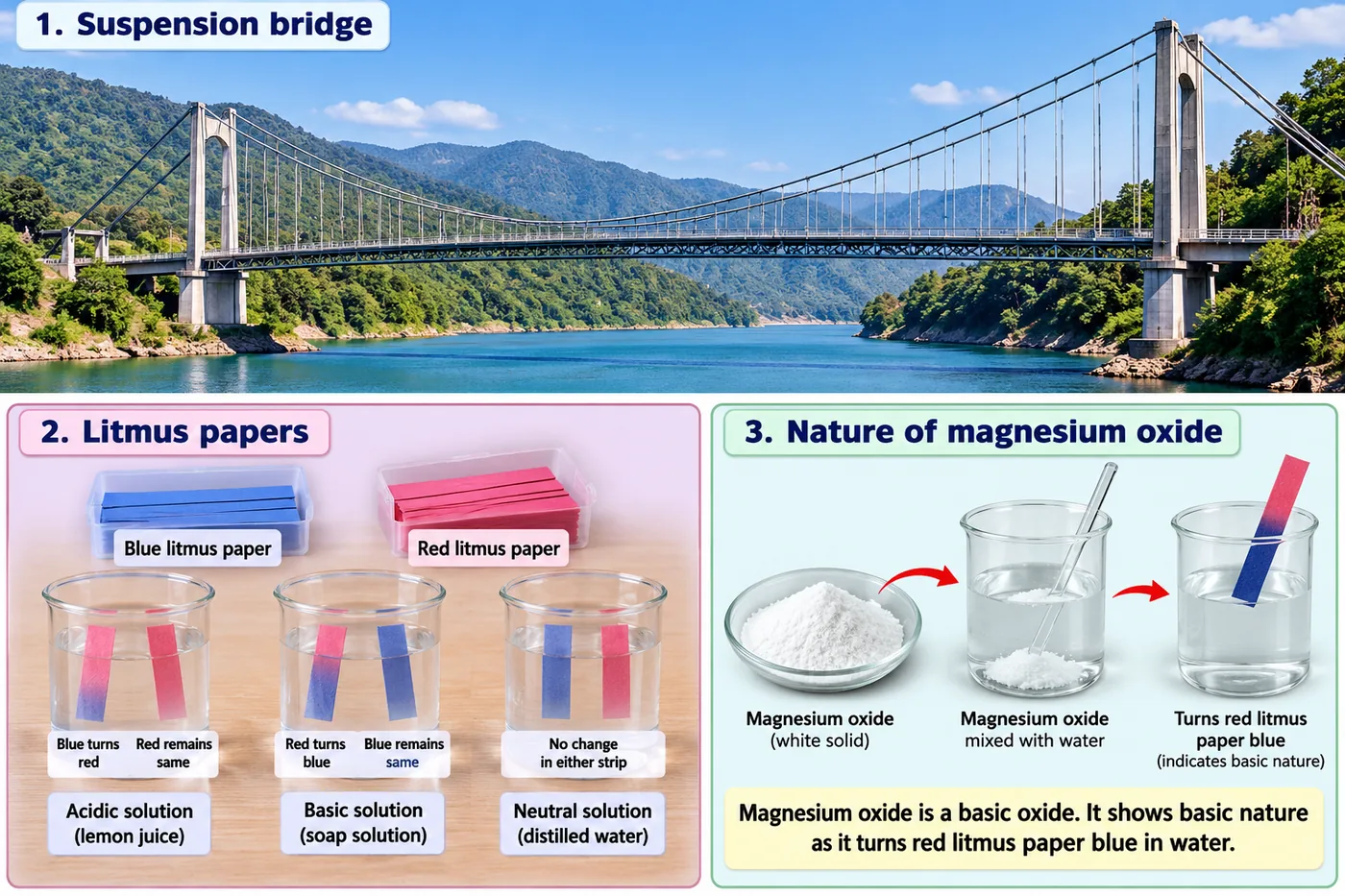 A steel suspension bridge, litmus paper tests on acidic, basic and neutral solutions, and magnesium oxide dissolved in water turning red litmus blue
