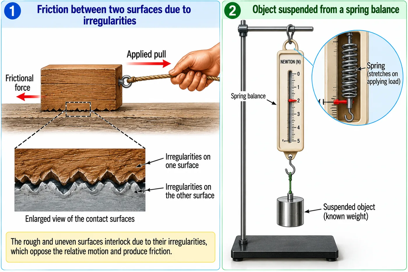 A wooden block pulled on a rough surface with friction acting opposite, an enlarged view of interlocking irregularities, and a spring balance measuring the weight of a suspended object in newtons