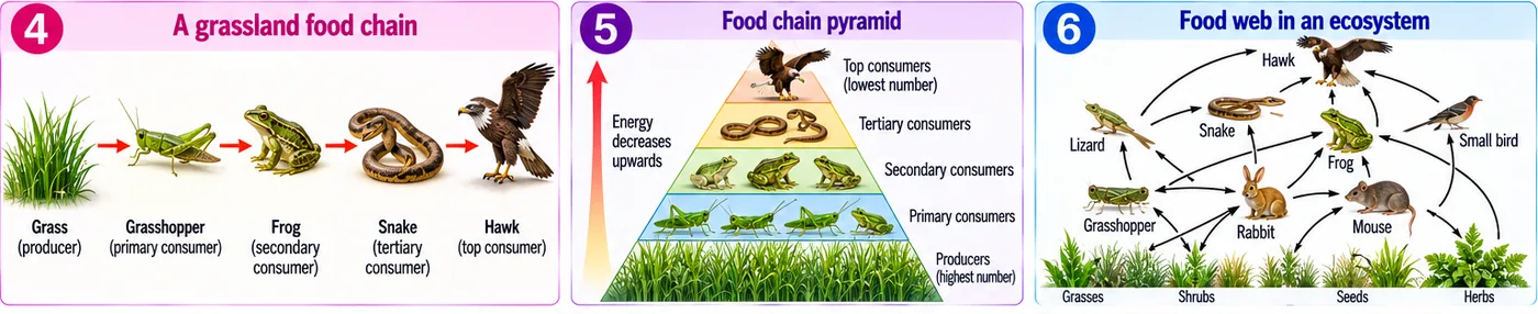 A grassland food chain from grass to hawk, a food pyramid with producers at the base and top consumers at the top, and a food web of grasses, insects, rodents, frogs, snakes, birds and hawk