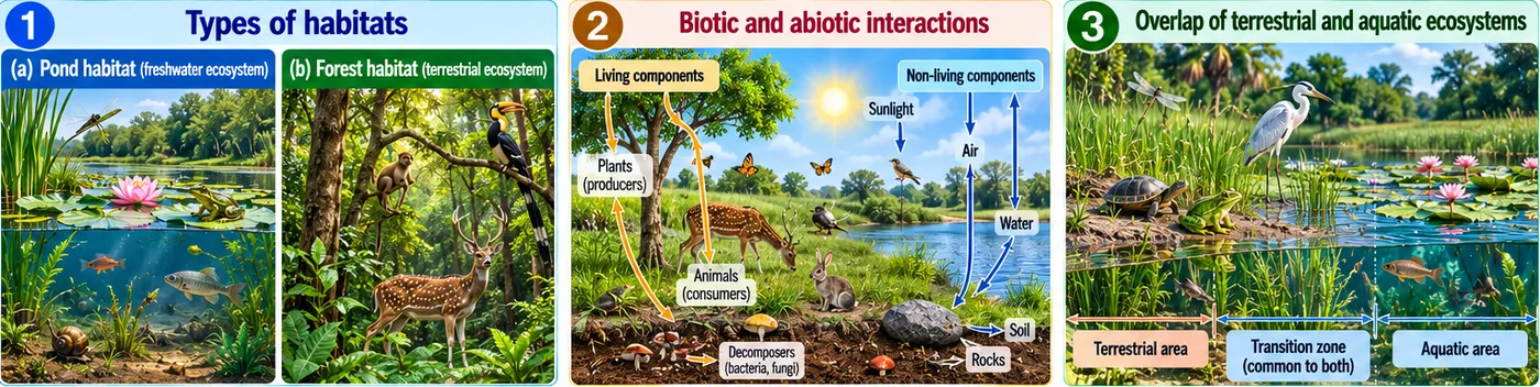 A pond habitat and a forest habitat, living and non-living components interacting, and the transition zone where terrestrial and aquatic ecosystems overlap