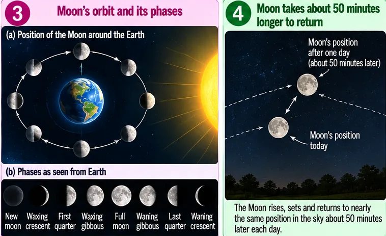 Positions of the Moon around the Earth with the Sun on one side, and the resulting phases from new moon through waxing crescent, first quarter, waxing gibbous, full moon, waning gibbous, last quarter and waning crescent; the Moon returns about 50 minutes later each day