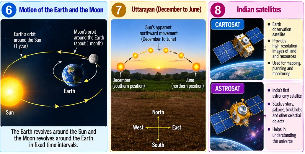 Motion of the Earth around the Sun and the Moon around the Earth, the Sun’s apparent northward movement from December to June (Uttarayan), and Indian satellites CARTOSAT and ASTROSAT
