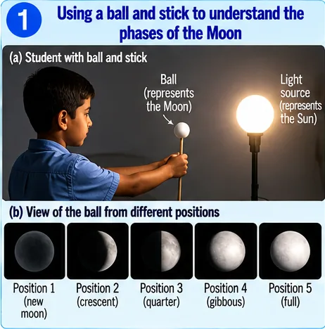 A student holding a white ball on a stick in front of a lamp to model the Moon, and the ball’s appearance from different positions: new, crescent, quarter, gibbous, full