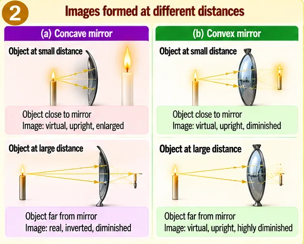 Candle images in concave and convex mirrors with the object close to and far from the mirror