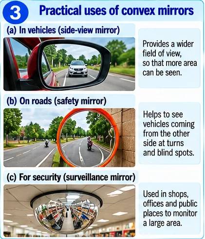 Convex mirror used as a vehicle side-view mirror, a road safety mirror at a turn and a dome-shaped surveillance mirror in a shop