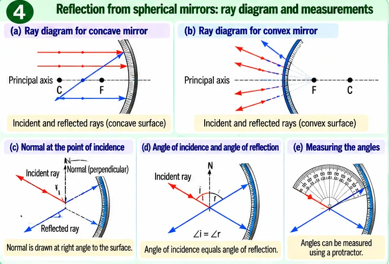 Ray diagrams for concave and convex mirrors, the normal at the point of incidence, equal angles of incidence and reflection, and measuring angles with a protractor