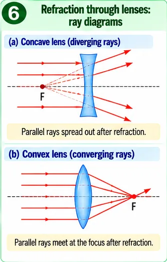 Parallel rays diverging after passing through a concave lens and converging at the focus after a convex lens