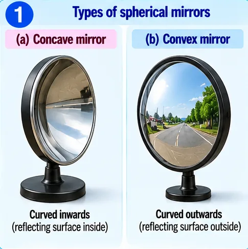 A concave mirror curved inwards and a convex mirror curved outwards showing a wide road view