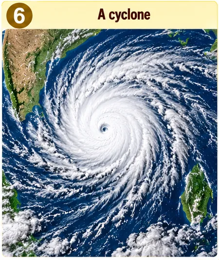 Satellite view of a large swirling cyclone with a clear eye over the ocean near a coastline