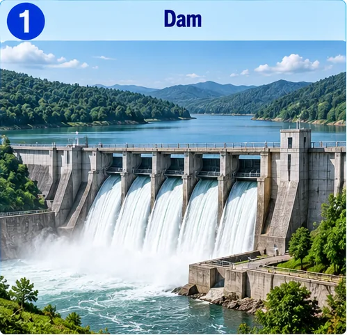 A large dam holding back a reservoir with water released through its gates