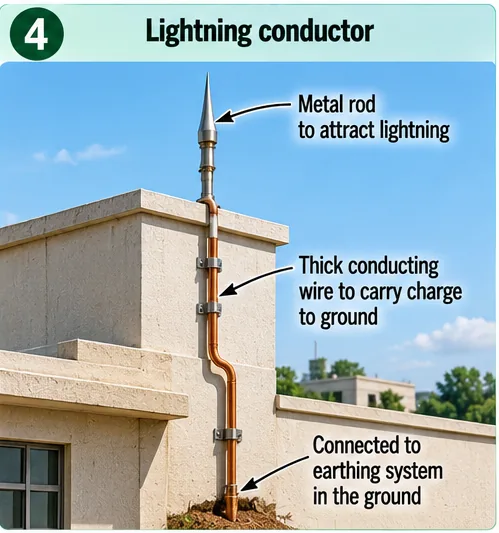 A lightning conductor with a pointed metal rod on top of a building, a thick conducting wire down the wall and connection to an earthing system in the ground