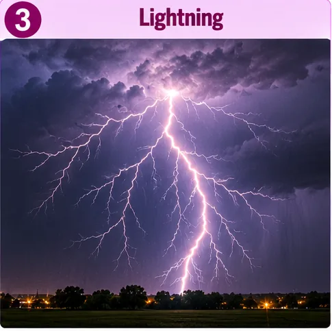 A bright lightning bolt striking from dark storm clouds towards the ground at night