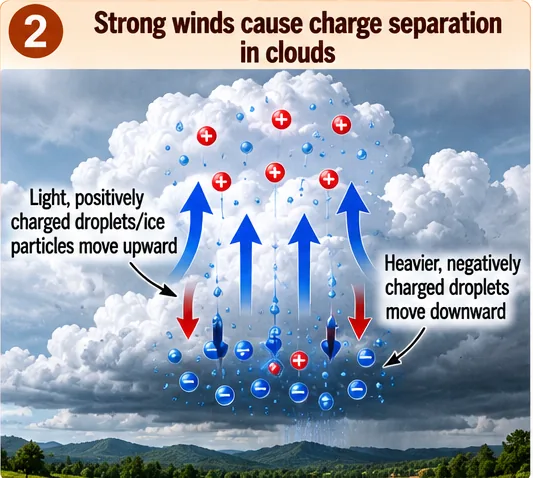 A storm cloud with light positively charged particles moving upward and heavier negatively charged droplets collecting near the base