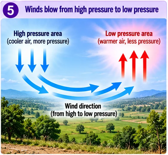 Arrows showing cool air sinking in a high pressure area and moving across the land towards a low pressure area where warm air rises