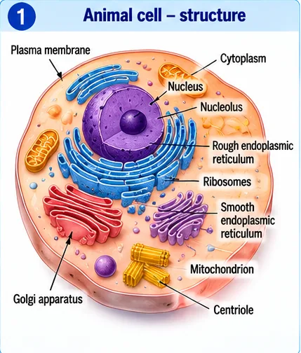 Animal cell showing plasma membrane, cytoplasm, nucleus, nucleolus, rough and smooth endoplasmic reticulum, ribosomes, mitochondrion, Golgi apparatus and centriole