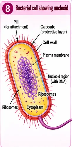 A rod-shaped bacterial cell showing pili, capsule, cell wall, plasma membrane, nucleoid region with DNA, ribosomes, cytoplasm and flagellum