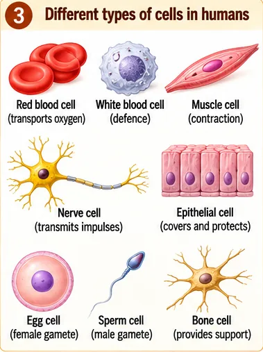 Red blood cell, white blood cell, muscle cell, nerve cell, epithelial cell, egg cell, sperm cell and bone cell with their functions