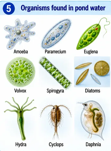 Amoeba, Paramecium, Euglena, Volvox, Spirogyra, diatoms, Hydra, Cyclops and Daphnia seen in pond water