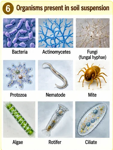 Bacteria, actinomycetes, fungal hyphae, protozoa, nematode, mite, algae, rotifer and ciliate in soil