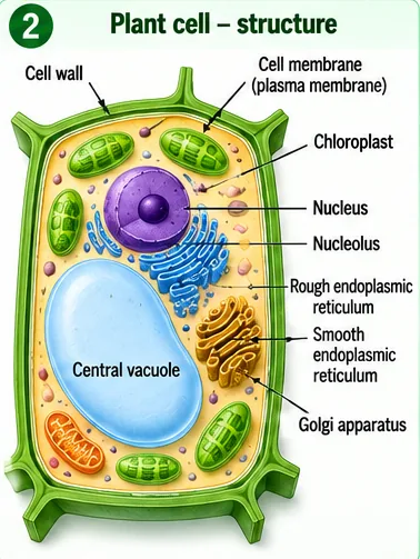 Plant cell showing cell wall, cell membrane, chloroplasts, nucleus, nucleolus, endoplasmic reticulum, Golgi apparatus and a large central vacuole