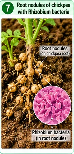 Chickpea plant roots with round nodules containing Rhizobium bacteria