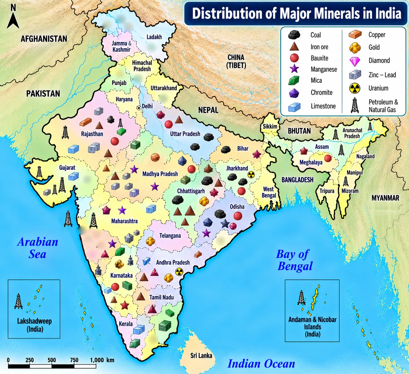 Map of India showing symbols for major minerals: coal in Jharkhand, Odisha and Chhattisgarh; iron ore in Odisha, Chhattisgarh and Karnataka; bauxite in Odisha and Jharkhand; petroleum off Mumbai, Gujarat and Assam; limestone, zinc-lead and copper in Rajasthan