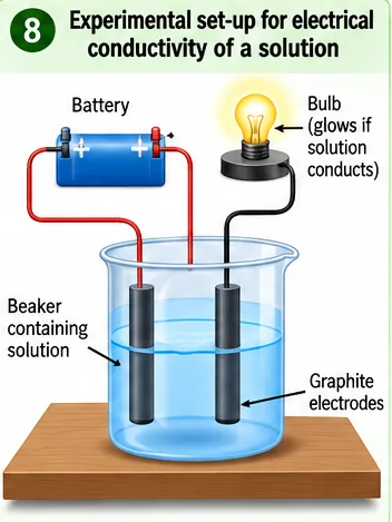 A battery, bulb and two graphite electrodes dipped in a beaker of solution; the bulb glows if the solution conducts