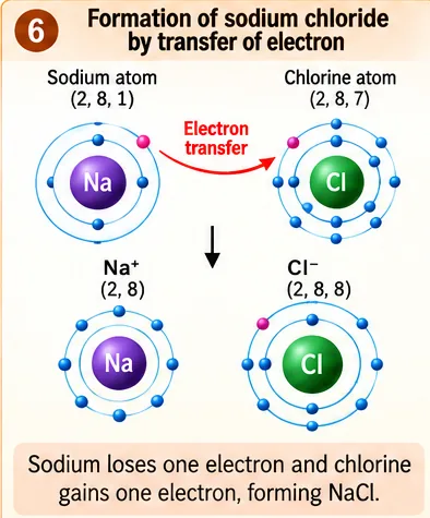 Sodium (2, 8, 1) transfers one electron to chlorine (2, 8, 7) forming Na+ (2, 8) and Cl− (2, 8, 8)