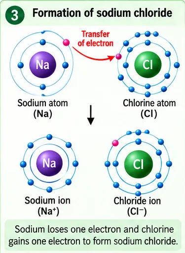 Sodium atom transferring an electron to a chlorine atom, forming a sodium ion and a chloride ion