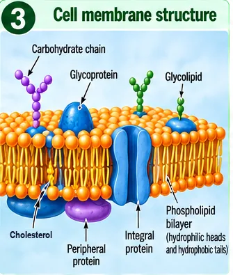 Phospholipid bilayer with hydrophilic heads and hydrophobic tails, integral and peripheral proteins, cholesterol, glycoprotein, glycolipid and carbohydrate chains