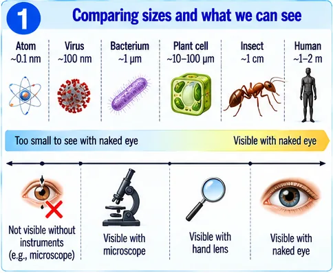 Size scale from atom (about 0.1 nm), virus (about 100 nm), bacterium (about 1 µm), plant cell (10–100 µm), insect (about 1 cm) to human (1–2 m), and the tools needed to see them