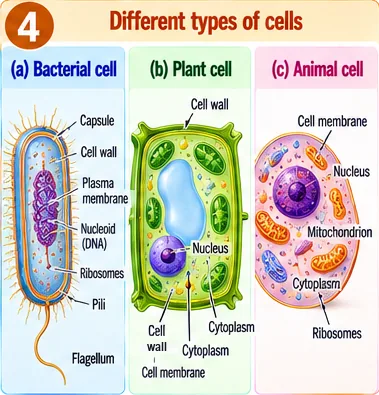 A bacterial cell with capsule, cell wall, nucleoid and flagellum, a plant cell with cell wall, vacuole and chloroplasts, and an animal cell with nucleus and mitochondria