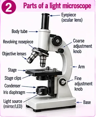 Labelled light microscope with eyepiece, body tube, revolving nosepiece, objective lenses, stage, stage clips, condenser, iris diaphragm, light source, coarse and fine adjustment knobs, arm and base