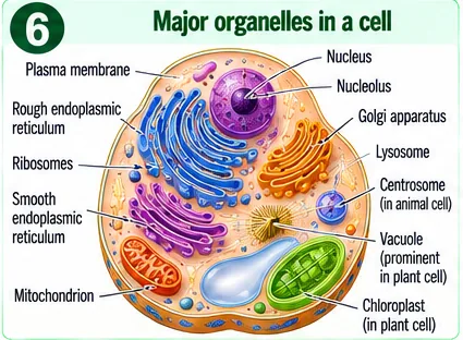 A cell showing plasma membrane, nucleus, nucleolus, rough and smooth endoplasmic reticulum, ribosomes, Golgi apparatus, lysosome, centrosome, vacuole, mitochondrion and chloroplast