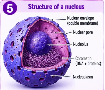 Cut-away nucleus showing double nuclear envelope with pores, nucleolus, chromatin and nucleoplasm