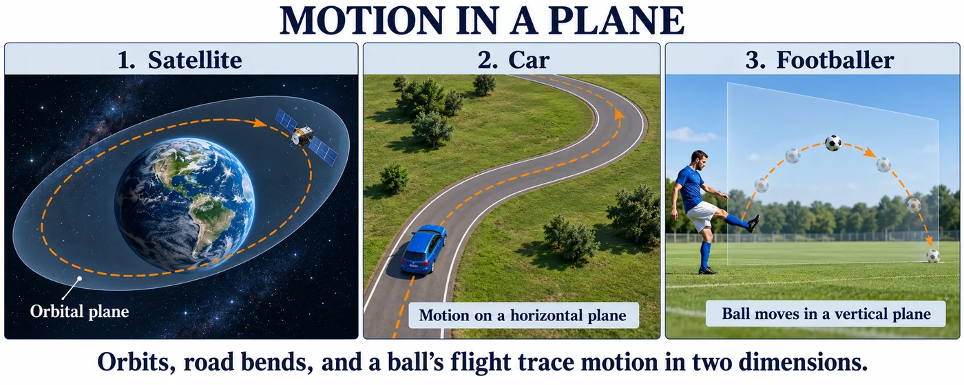 A satellite in an orbital plane around Earth, a car on a curving road and a football kicked along a curved path
