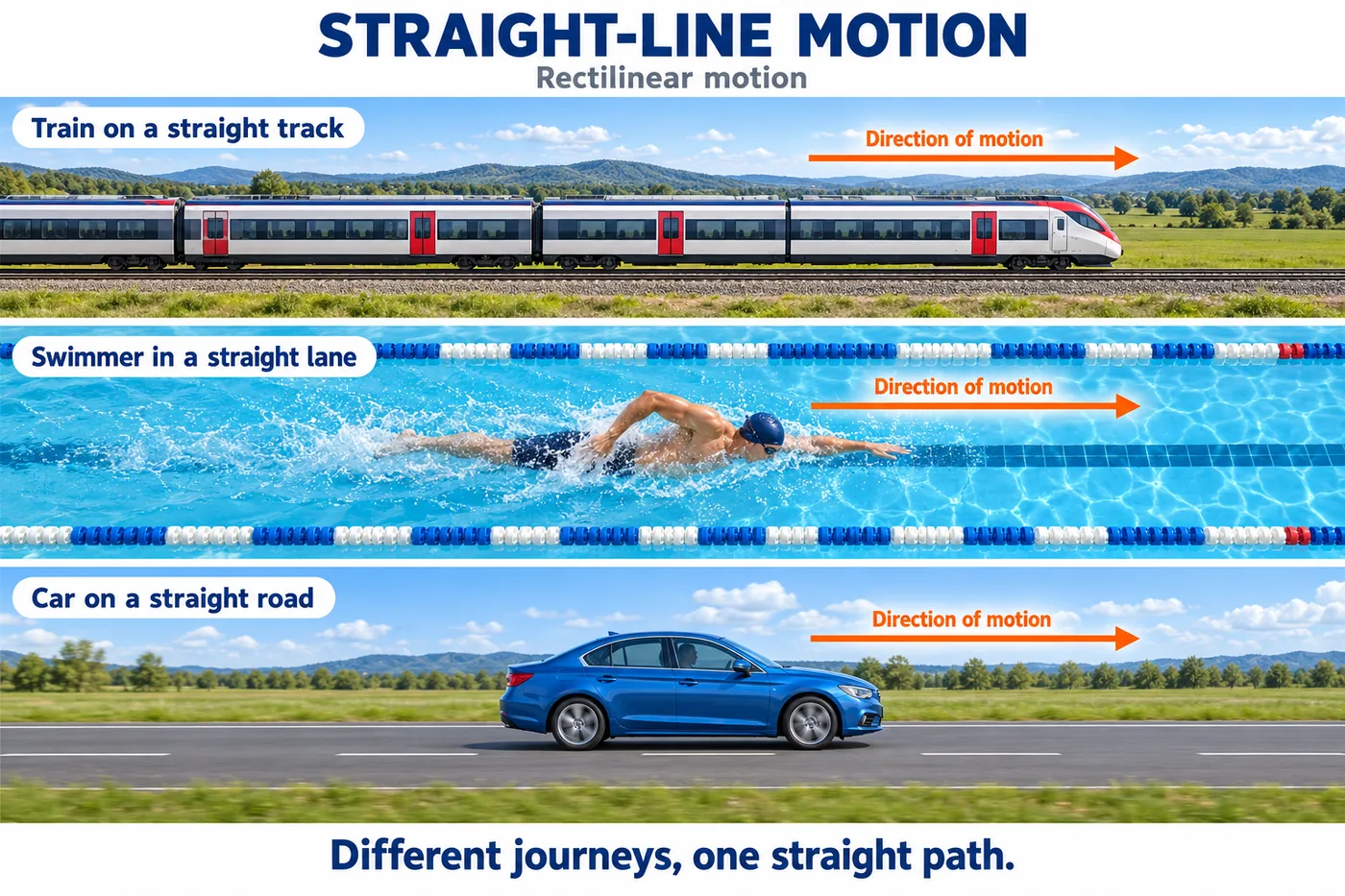 A train on a straight track, a swimmer in a straight lane and a car on a straight road, each with an arrow showing direction of motion