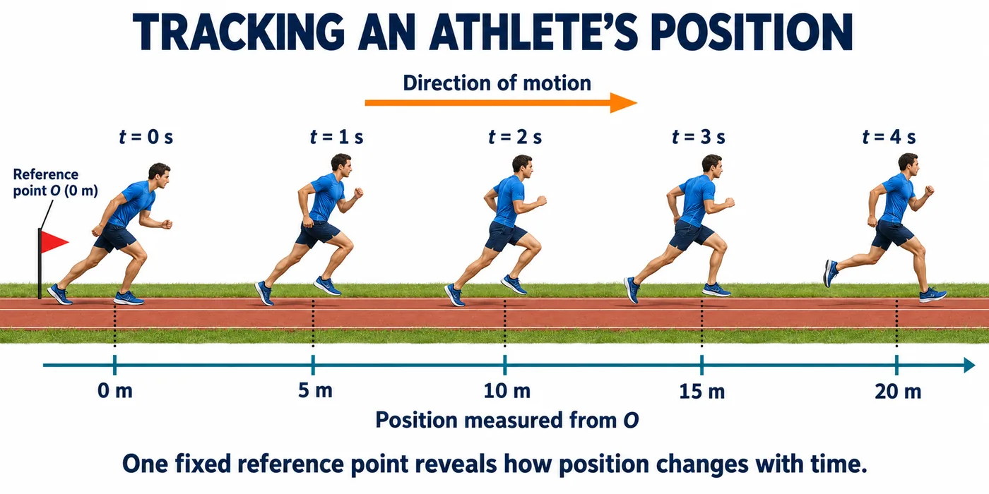 An athlete running from a reference flag at 0 m, reaching 5 m, 10 m, 15 m and 20 m at times 0 to 4 seconds