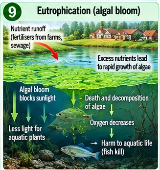 Eutrophication: nutrient runoff from farms and sewage causes rapid algal growth; the bloom blocks sunlight, algae die and decompose, oxygen decreases and fish die