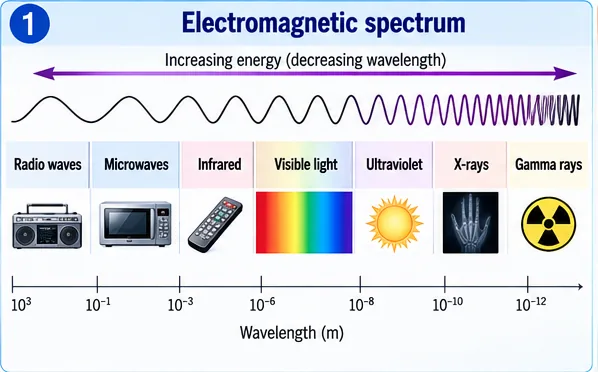 The electromagnetic spectrum from radio waves, microwaves and infrared through visible light to ultraviolet, X-rays and gamma rays, with energy increasing as wavelength decreases