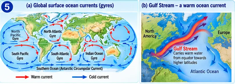 (a) Map of global surface ocean currents forming gyres in the North and South Pacific, North and South Atlantic and Indian Ocean, with warm currents in red and cold in blue; (b) the Gulf Stream carrying warm water from near the equator towards Europe