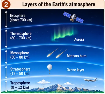 Layers of the atmosphere: troposphere (0–12 km) with clouds and aeroplanes, stratosphere (12–50 km) with the ozone layer, mesosphere (50–80 km) where meteors burn, thermosphere (80–700 km) with aurora, and exosphere above 700 km with satellites