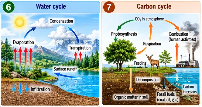 Water cycle with evaporation, condensation, transpiration, surface runoff and infiltration; carbon cycle with photosynthesis, respiration, feeding, decomposition, fossil fuels, combustion and carbon in oceans