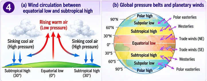 (a) Warm air rising at the equatorial low and sinking at the subtropical highs near 30 degrees; (b) global pressure belts — equatorial low, subtropical highs, subpolar lows and polar highs — with trade winds, westerlies and polar easterlies