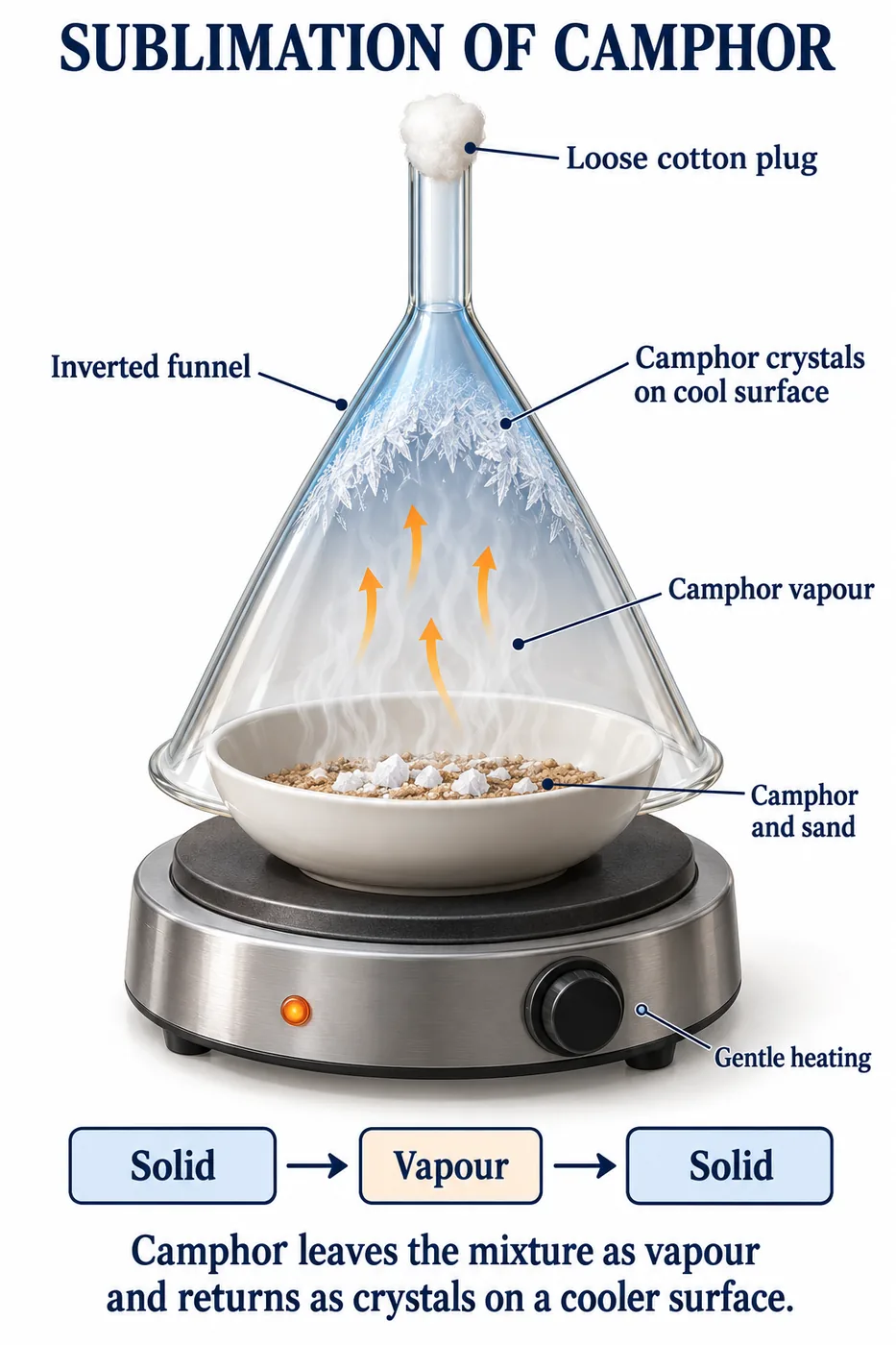 Camphor and sand heated in a dish under an inverted funnel with a cotton plug; camphor vapour rises and deposits as crystals on the cool funnel